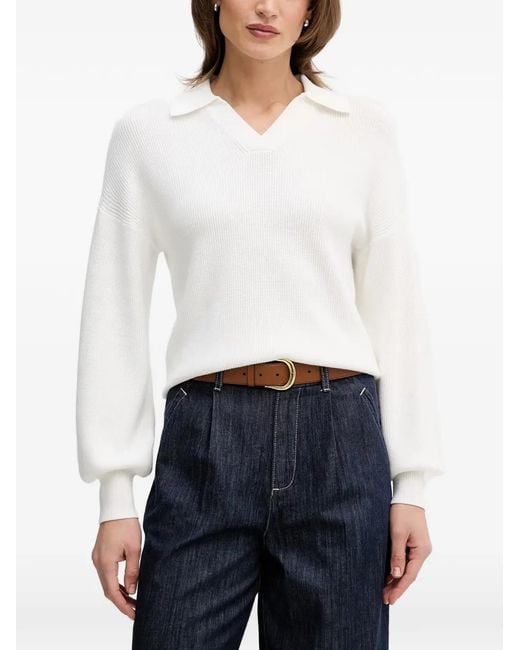 MARC AUREL White Ribbed-Knit V-Neck Sweater