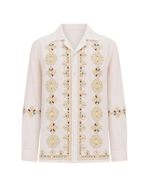 BAZISZT White Flower-Embroidered Long-Sleeve Shirt for men