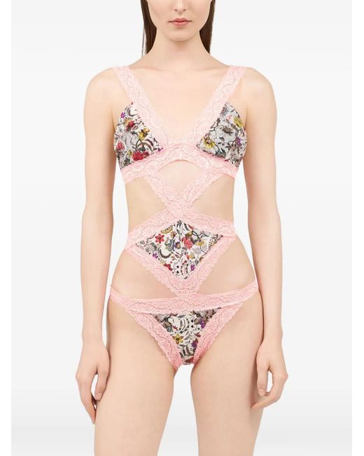 Roberto Cavalli Pink Maillot De Bain À Fleurs Et Finitions En Dentelle