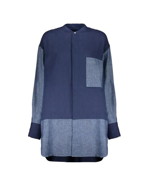 Moorer Blue Patchwork-Design Linen Shirt