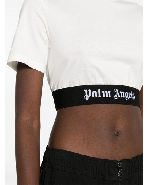 Palm Angels White Cropped-T-Shirt mit Logo-Streifen