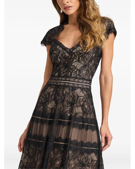 Tadashi Shoji Black Maelle Lace-Overlaid Tiered Midi Dress