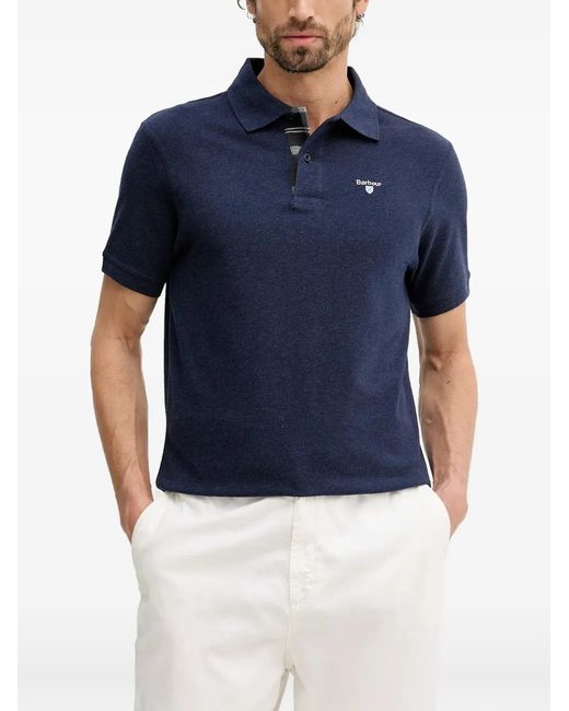 Barbour Blue Tartan Pique Buttoned Logo Polo Shirt for men