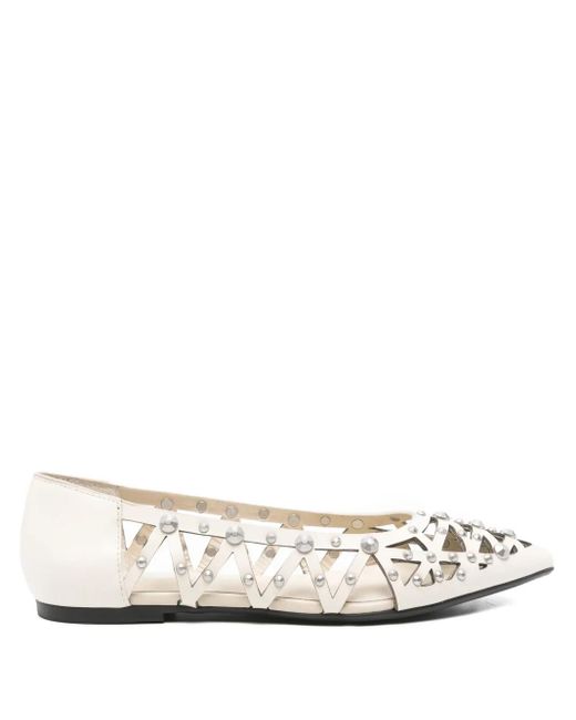 Ash White Pointed-Toe Studded Flat Pumps