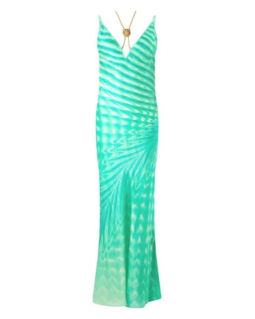 Roberto Cavalli Green Ocean Wave Striped Maxi Dress