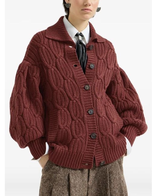 Brunello Cucinelli Red Cashmere Feather-Yarn Heritage Cable Cardigan