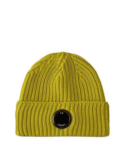 C P Company Green Ribbed-Wool Lens-Detail Beanie Hat for men