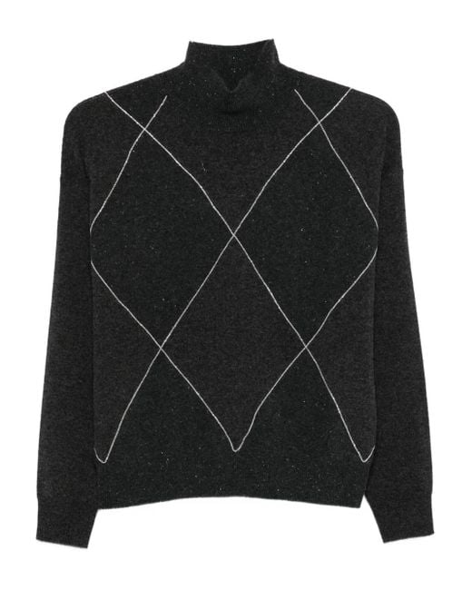 Peserico Black Diamond-Pattern Sweater With High Neckline