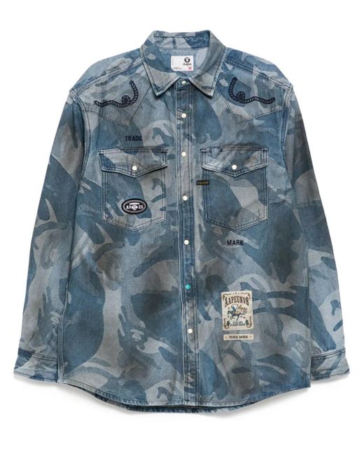 Aape By A Bathing Ape Blue Moonface Jacquard Camo Denim Shirt for men