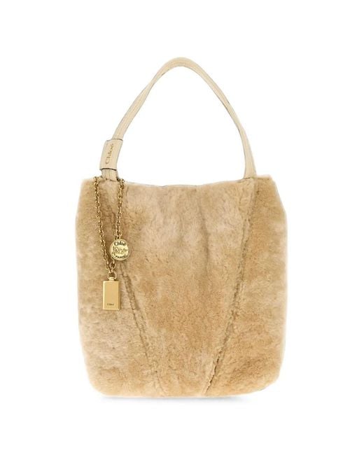 Chloé White Small Spin Shearling Tote Bag