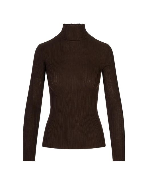 Agnona Brown Ribbed-Knit Scalloped-Edge Sweater