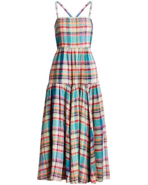Polo Ralph Lauren White Plaid-pattern Linen Maxi Dress