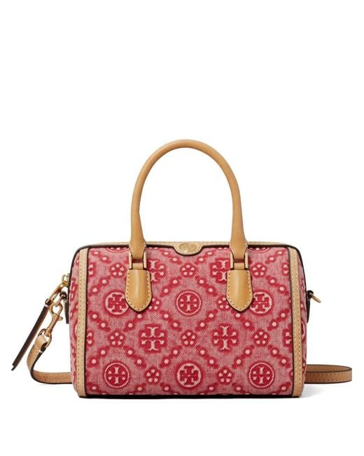 Tory Burch Red T-Monogram Denim Petite Barrel Bag