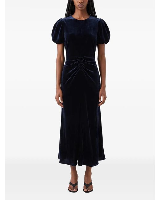 Victoria Beckham Blue Midi Bela Gathered Puff-Sleeve Dress