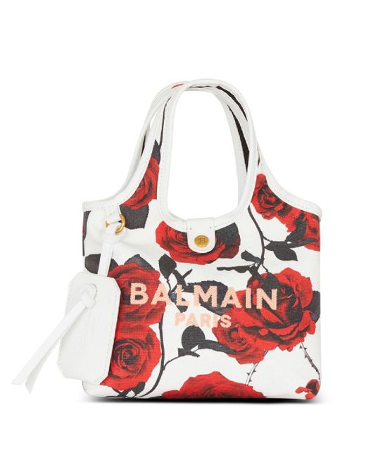 Balmain Red Mini B-army Grocery Rose-print Tote Bag