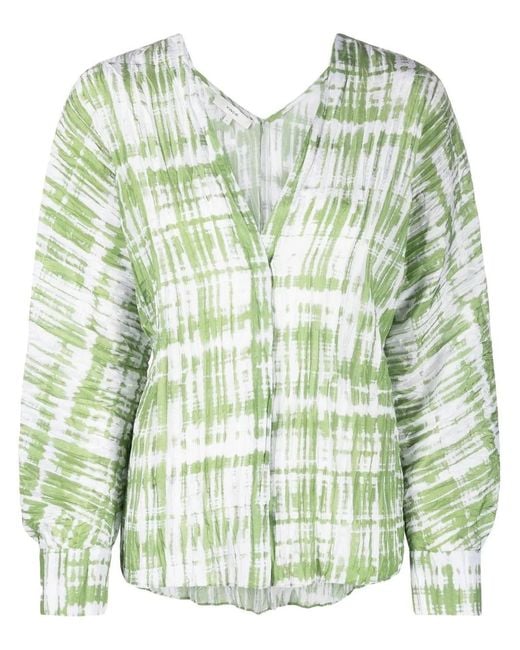 Vince Green Tie-Dye Long-Sleeve Silk Blouse