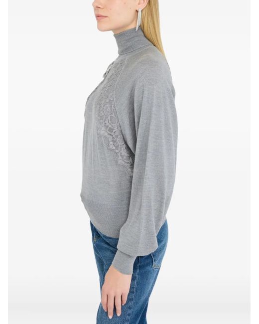 Liu Jo Gray Lace-Panel Puff-Sleeve Sweater