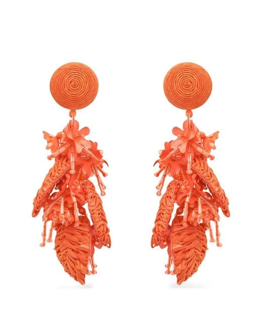 Oscar de la Renta Orange Raffia Tassel Bouquet Clip-On Earrings