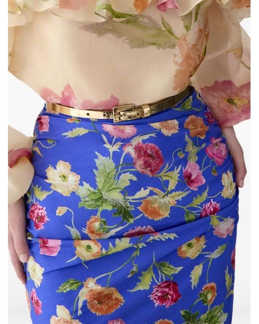 Carolina Herrera Blue Poppy-Print Ruched Midi Skirt