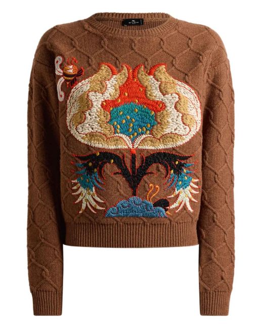 Etro Brown Cable-Knit Floral-Embroidered Sweater
