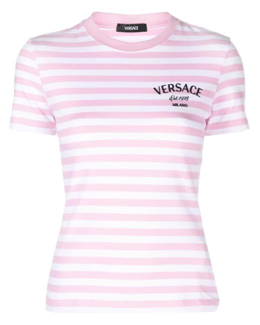 Versace Pink Gestreiftes T-Shirt mit Logo-Stickerei