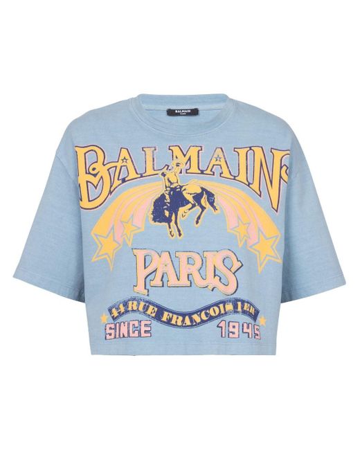 Balmain Blue Cropped Western T-shirt