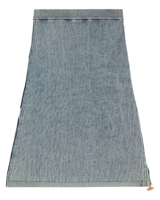 DIESEL Blue Ribbed Midi Skirt With Vintage Wash