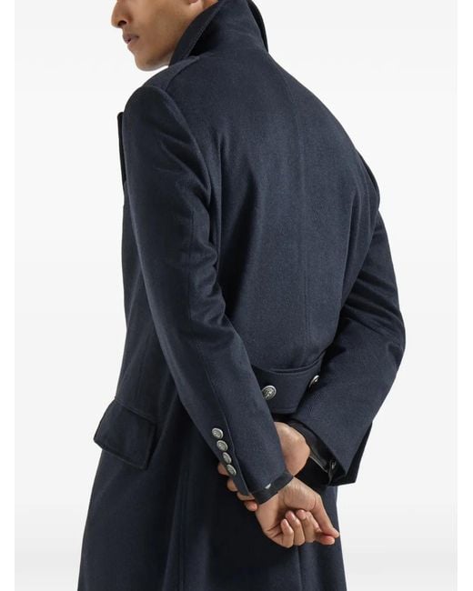 Brunello Cucinelli Blue Manteau Boutonné En Cachemire À Chevrons Et Boutons En Métal for men