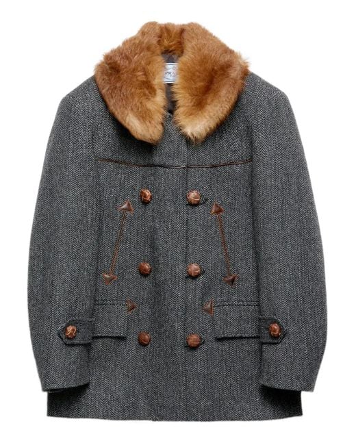 Prada Gray Herringbone Shearling-Collar Double-Breasted Coat