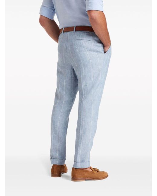 Brunello Cucinelli Blue Stripe-pattern Linen Tapered Trousers for men