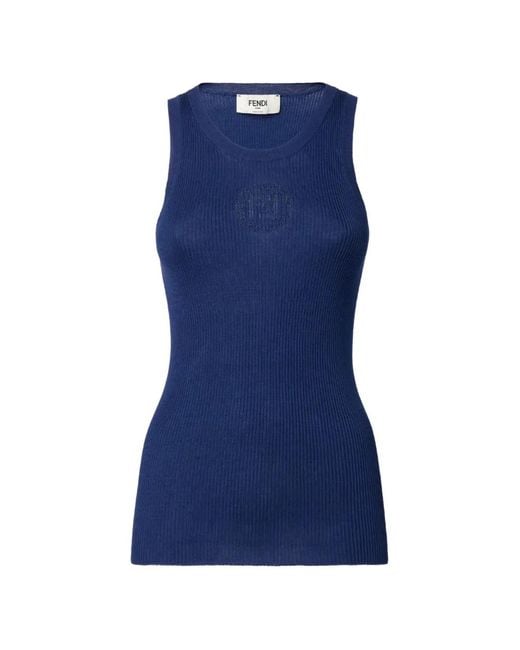Fendi Blue Ribbed-Knit Ff-Motif Top