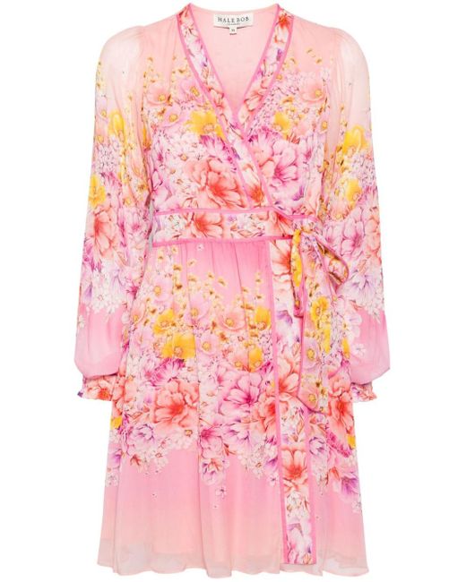 Hale Bob Pink Floral-print Wrap Minidress