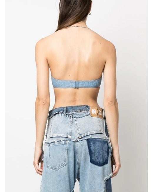 Gcds Blue Ribbed Washed-Denim Crop Top