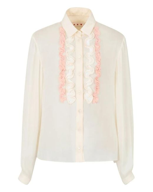 Marni White Silk Georgette Shirt With Ruffles