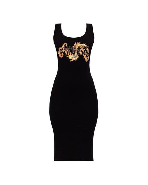 Versace Jeans Couture Black Logo-Graphic Midi Cotton Dress