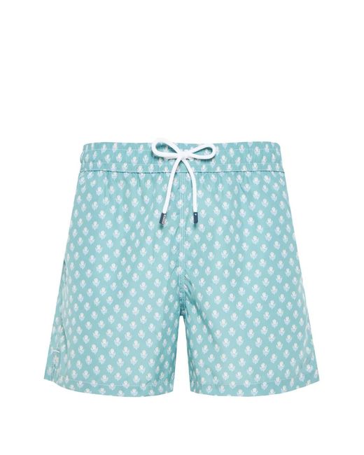 Fedeli Blue Print Drawstring Swim Shorts for men