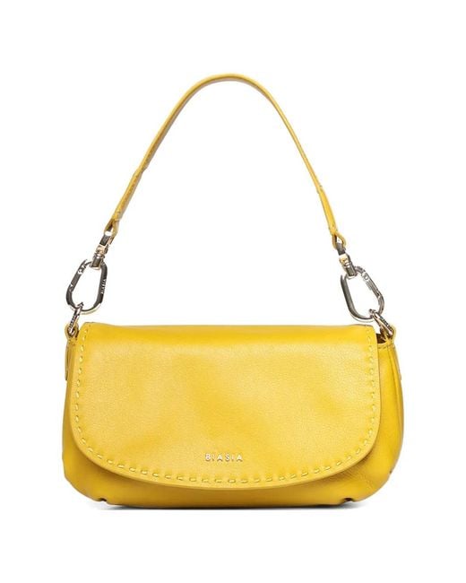 BIASIA Yellow Whipstitch-Trim Logo-Plaque Shoulder Bag
