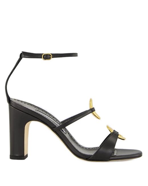 Manolo Blahnik Black 90Mm Leather Ankle-Strap Ring Sandals