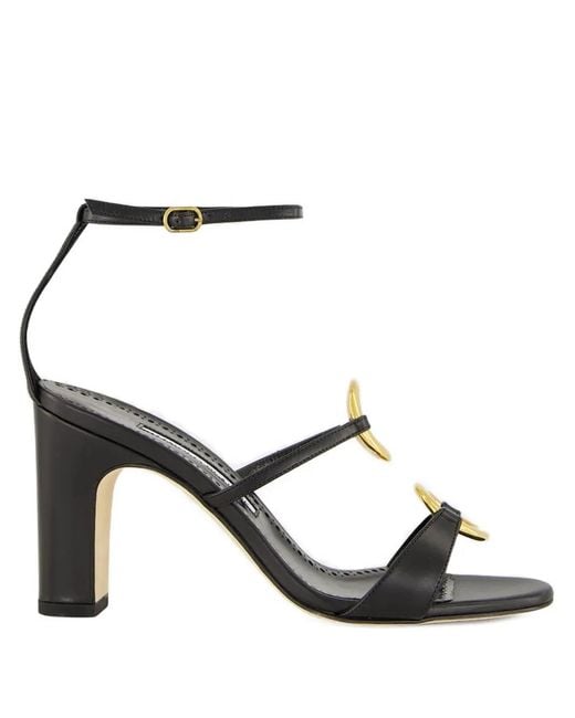 Manolo Blahnik Black 90Mm Leather Ankle-Strap Ring Sandals