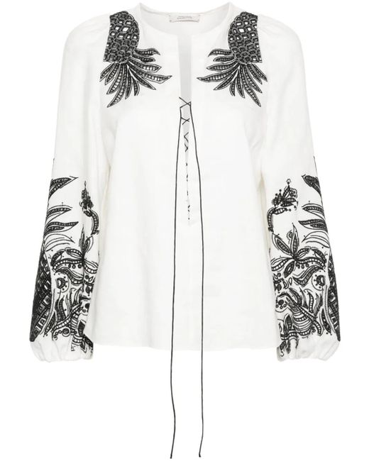 Dorothee Schumacher White Pineapple Embroidery Lace-Up Linen Blouse