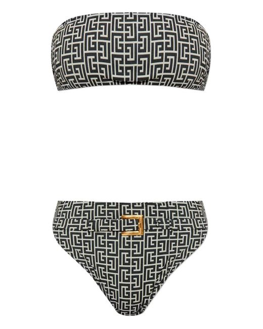 Balmain Gray Geometric-Print Belted Bikini