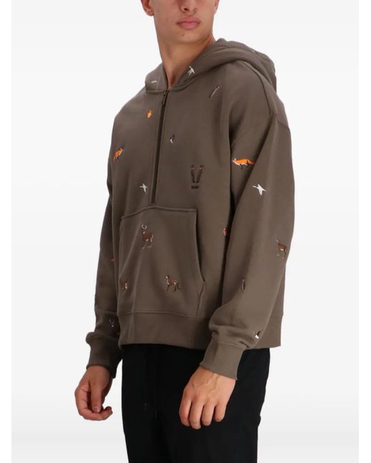 HUGO Brown Embroidered Half-Zip Hoodie for men