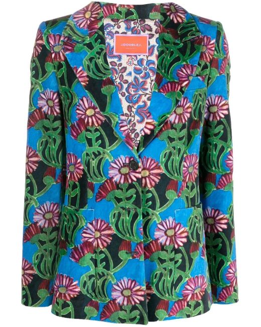 LaDoubleJ Blue Floral-Print Single-Breasted Blazer