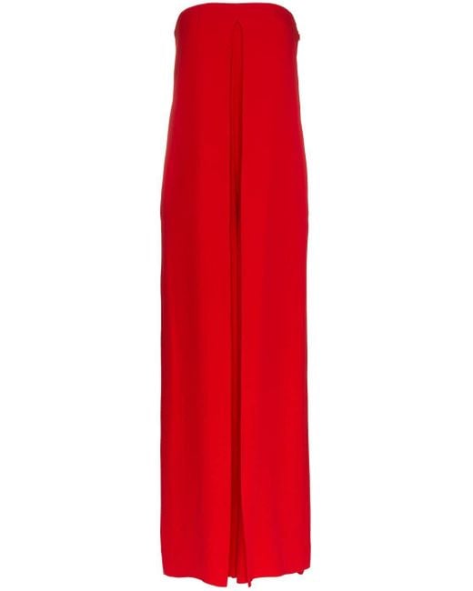 Valentino Red Strapless Wide Leg Silk Stretch Jumpsuit
