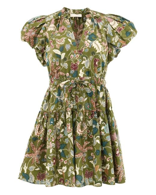 Ulla Johnson Green Florales Izel Minikleid mit Puffärmeln