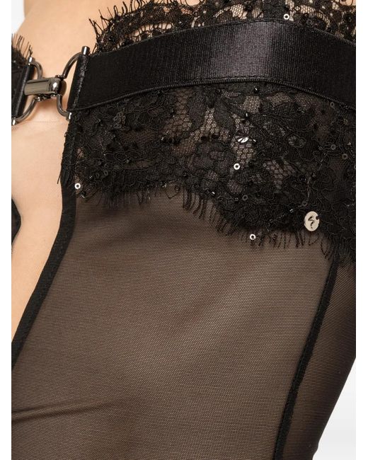 Nissa Black Lace-Trimmed Tulle Bodysuit