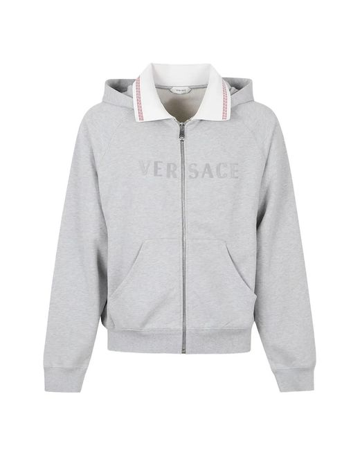 Versace Gray Greca-Detail Logo-Embroidered Hoodie for men
