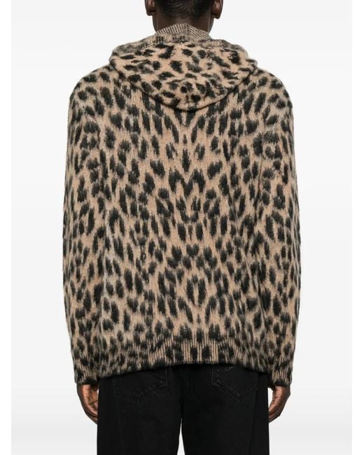 Laneus White Leopard-Print Drawstring Hoodie for men