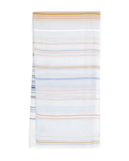 Paul Smith White Striped Cotton-Blend Fringed Scarf for men