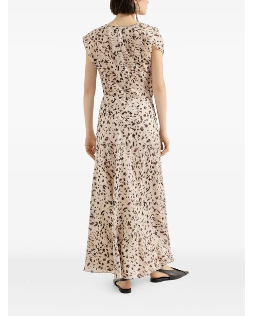 Brunello Cucinelli Natural Lynx-Print Silk Pongee Draped Dress With Monili